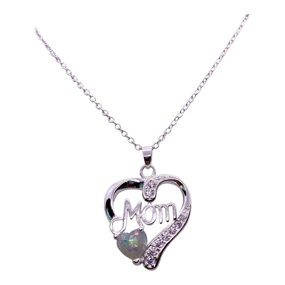 18" Silver Imitation Diamond Opal Mom Heart Necklace in Gift Box - Picture 1 of 5